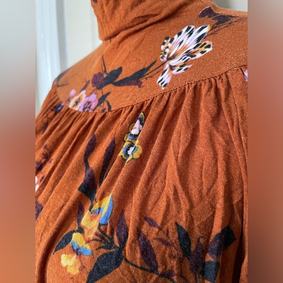 Ann Taylor Rust Floral Stretchy Turtleneck Puff Sleeve Women’s Small Blouse - Picture 8 of 13